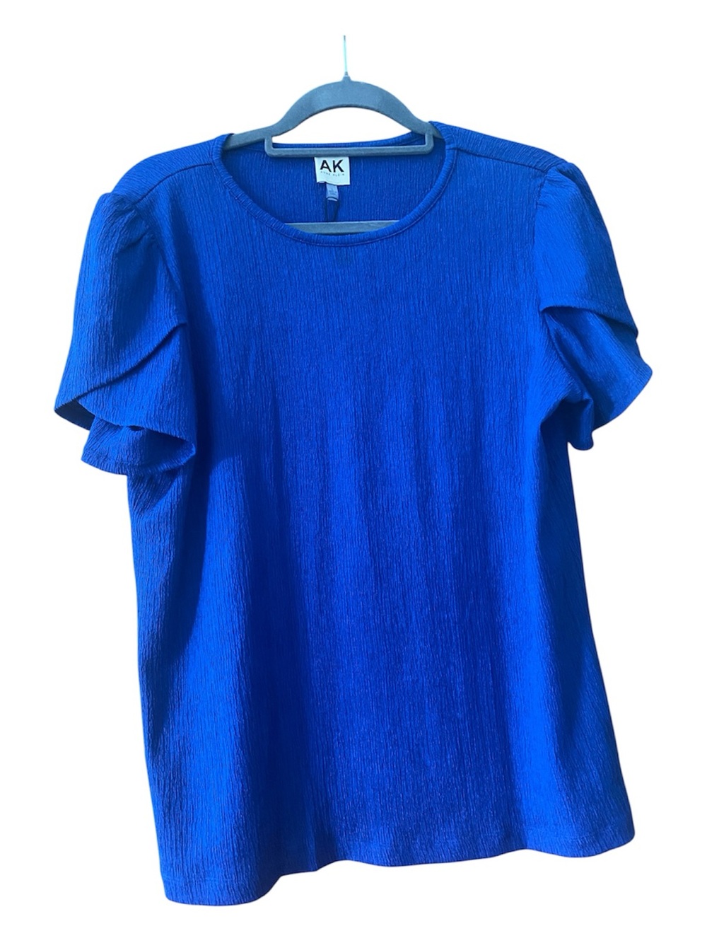 NWT Anne Klein Lakeshore Bubble Check Tulip Sleeve Top Santorini Blue L